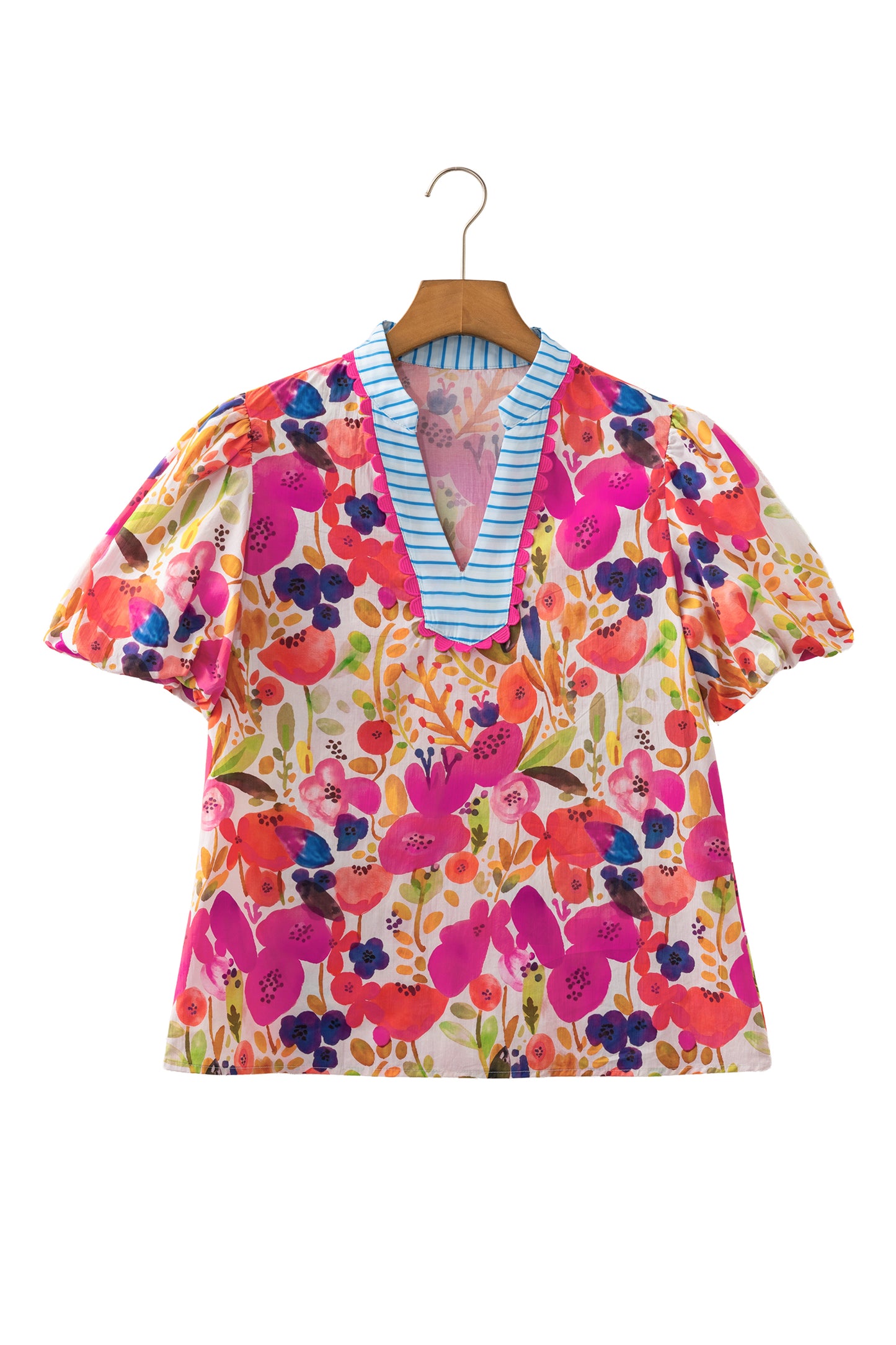 Floral Print V Neck Short Puff Sleeve Cotton Blouse