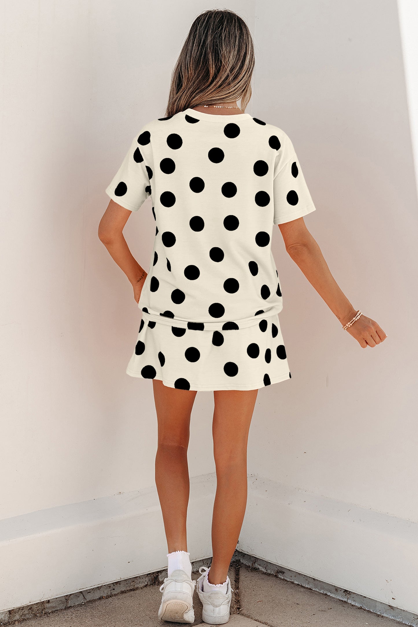Polka Dot Short Sleeve Top Casual Skort 2pcs Outfit