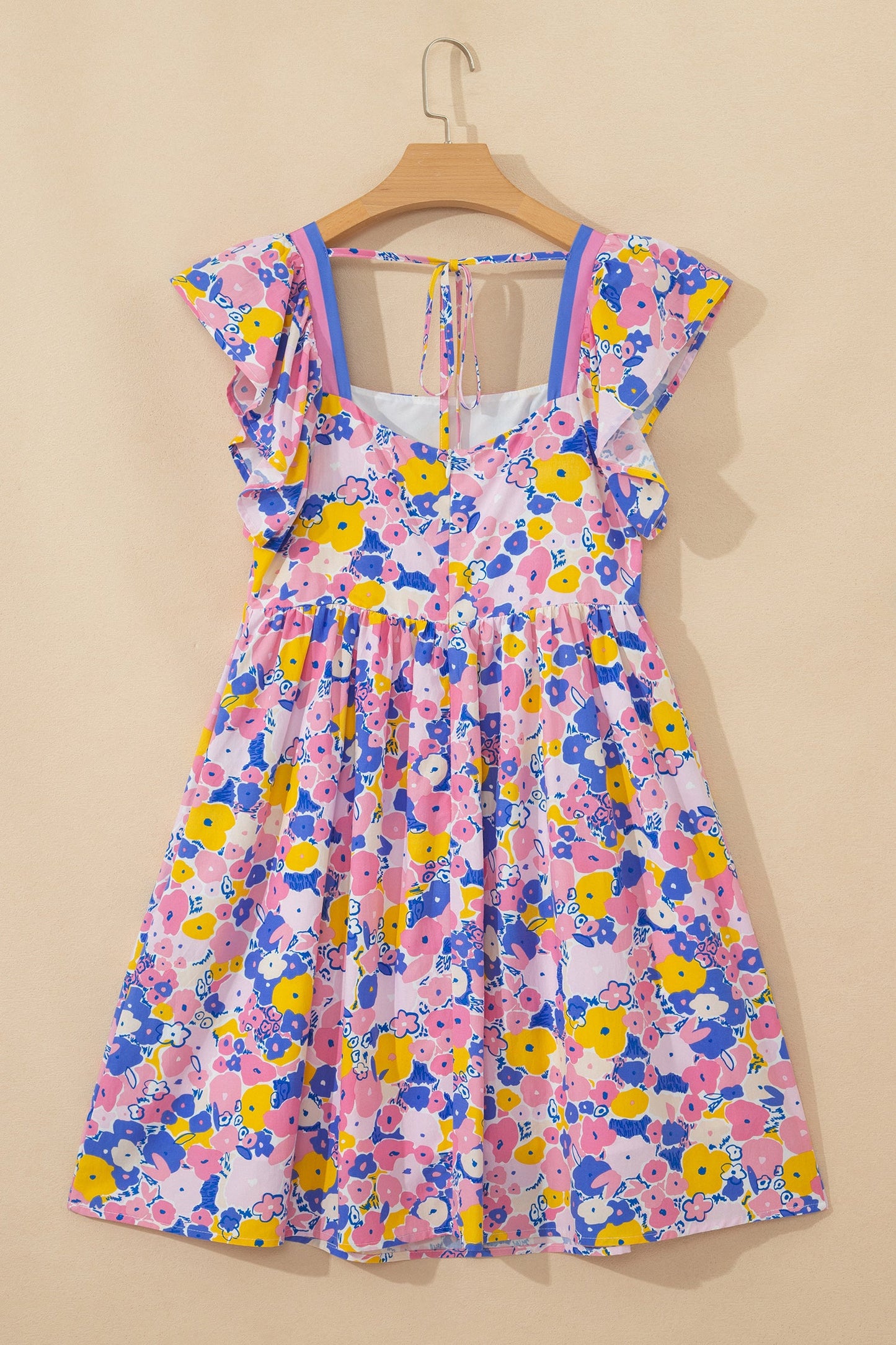 Floral Print Flutter Sleeve Striped Trim Dress