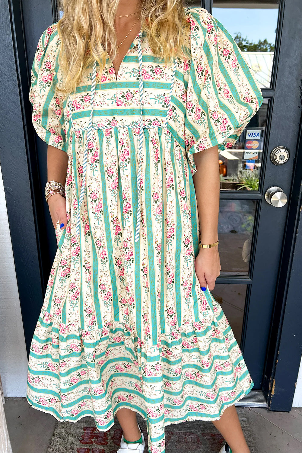 Multicolour Striped Floral Print Tie Split Neck Puff Sleeve Midi Dress