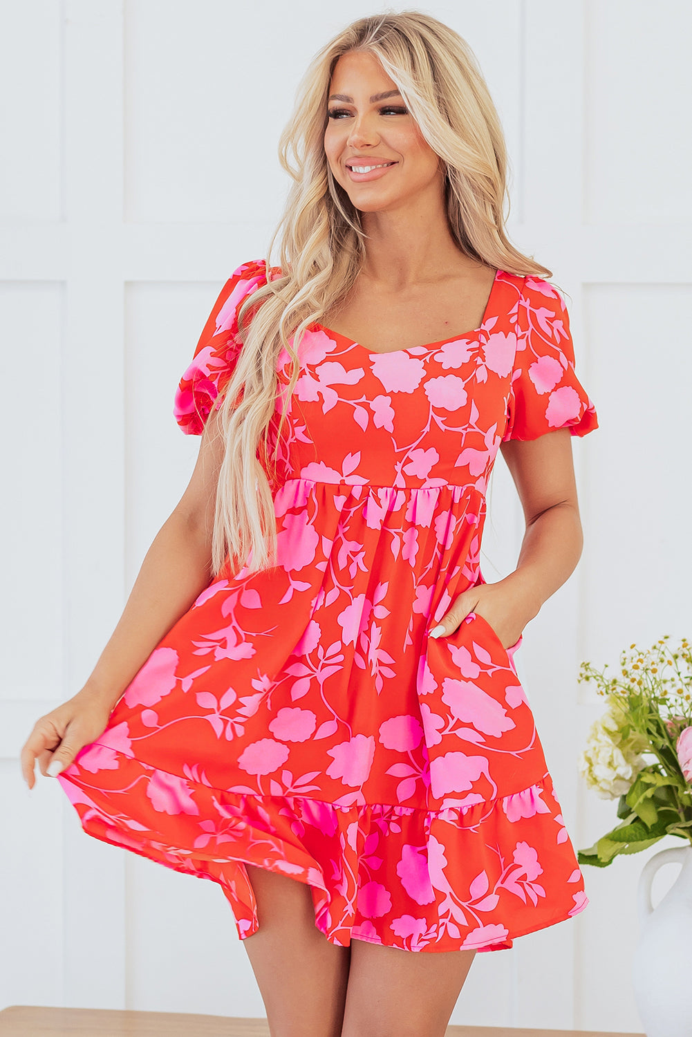 Floral Bubble Sleeve Ruffled Mini Dress