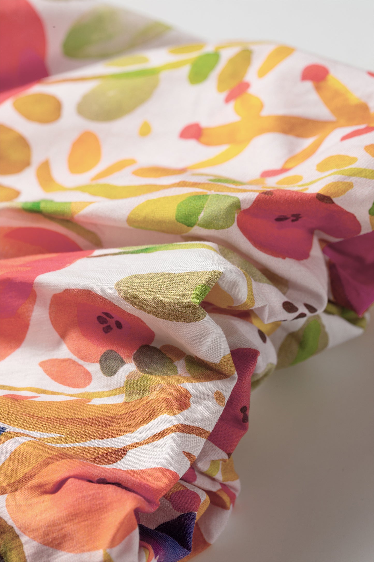 Floral Print V Neck Short Puff Sleeve Cotton Blouse