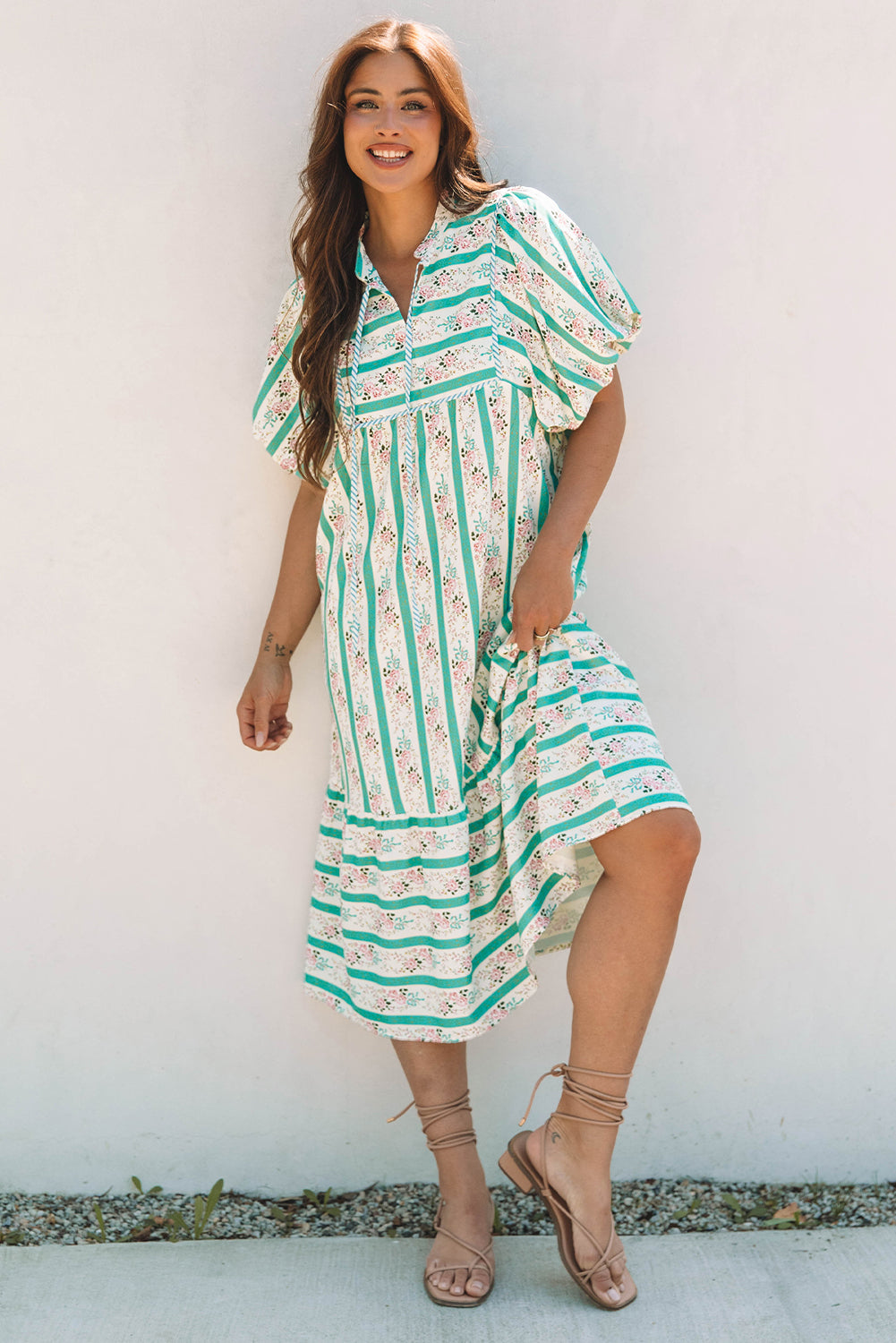 Multicolour Striped Floral Print Tie Split Neck Puff Sleeve Midi Dress