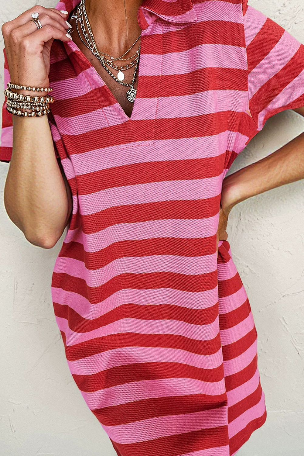 Textured Knit Collared V Neck Shift T Shirt Dress
