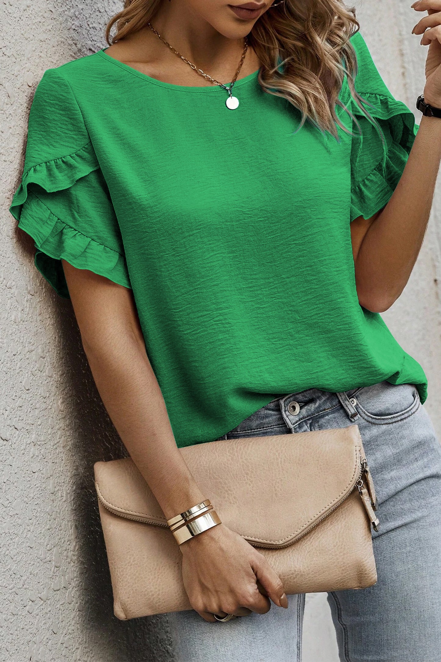 Ruffle Trim Short Sleeve Blouse