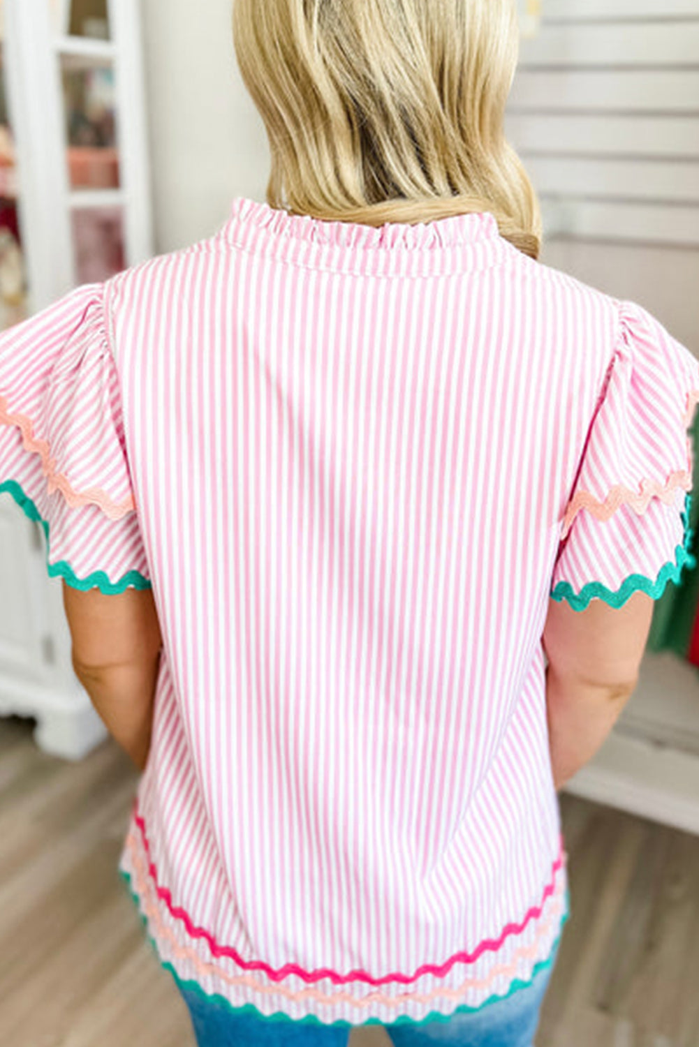 Stripe Ricrac Trim Split Neck Striped Ruffled Sleeve Blouse