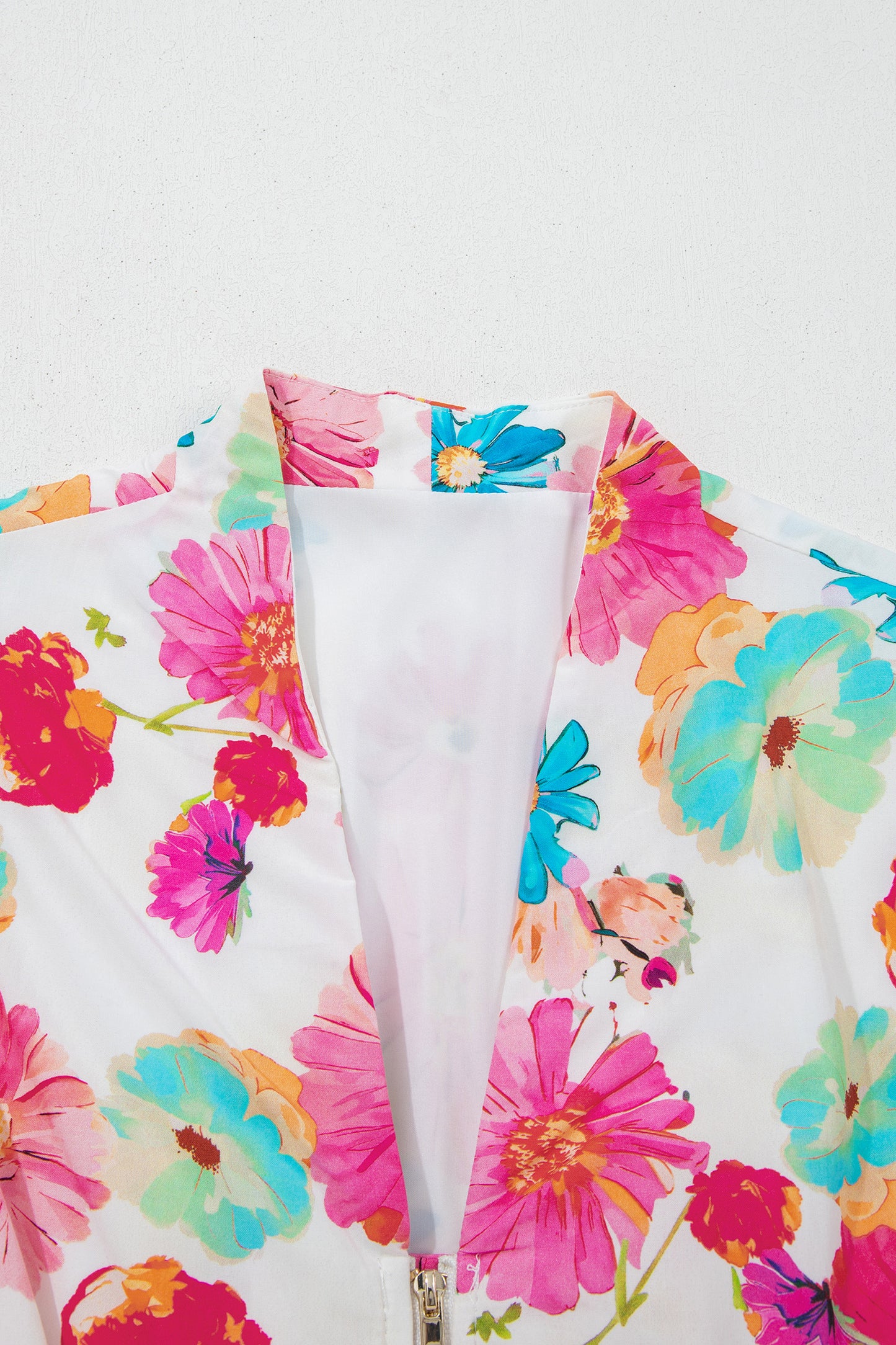 Floral Print V Neck Zip Up Smocked Waist Flared Mini Dress