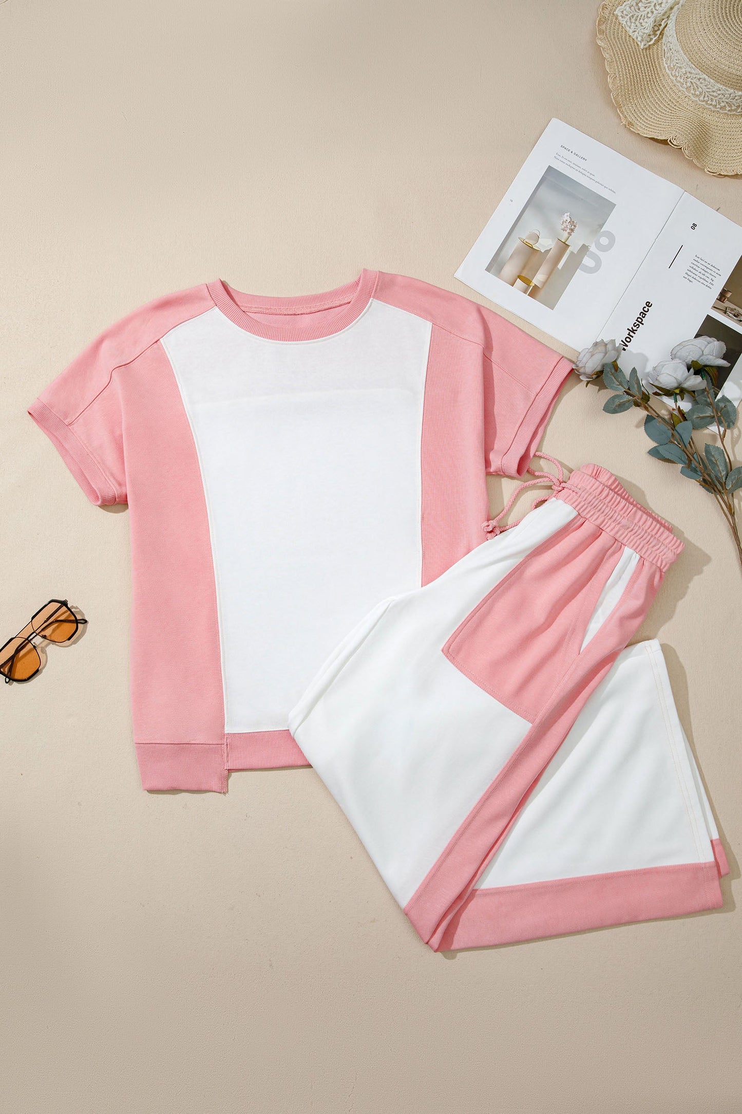 Two-tone Color Block Patchwork Pant Set