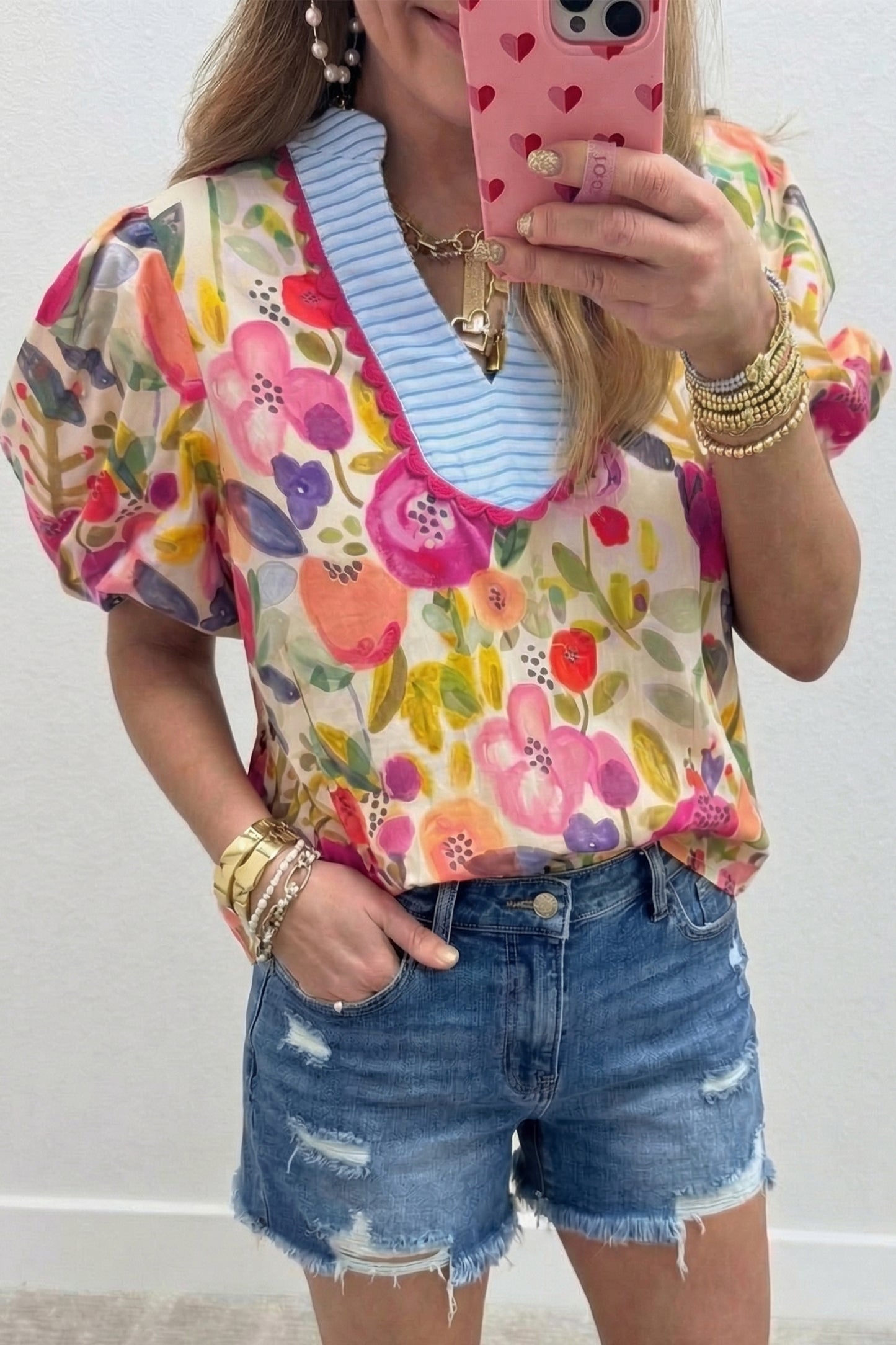 Floral Print V Neck Short Puff Sleeve Cotton Blouse