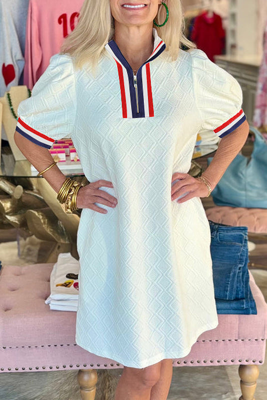 Textured Jacquard Colorblock Edge Puff Sleeve Quarter Zip Mini Dress