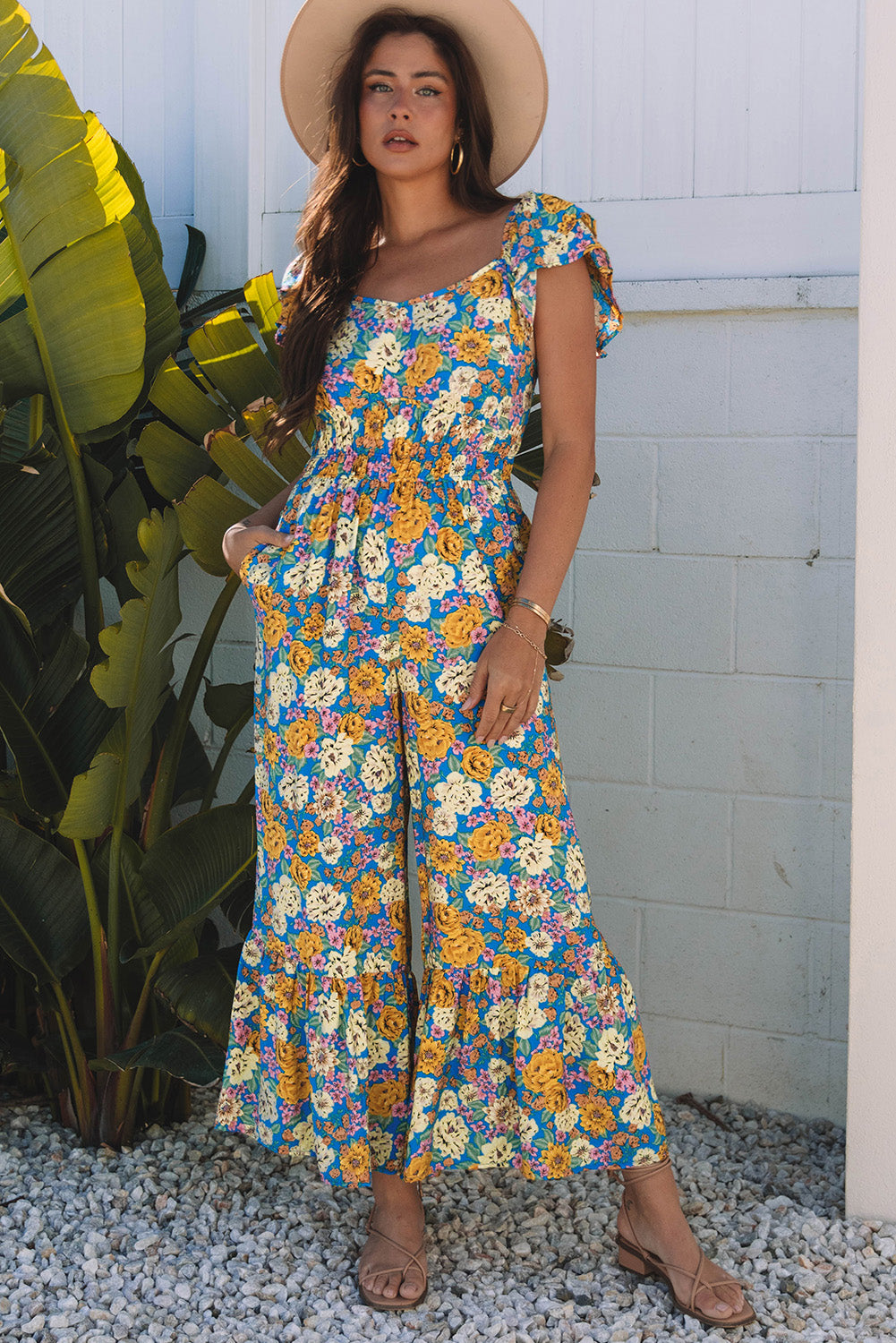 Floral Print Shirred High Waist Jumpsuit