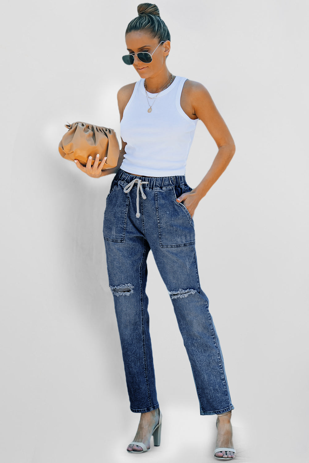 Distressed Pocketed Denim Jogger