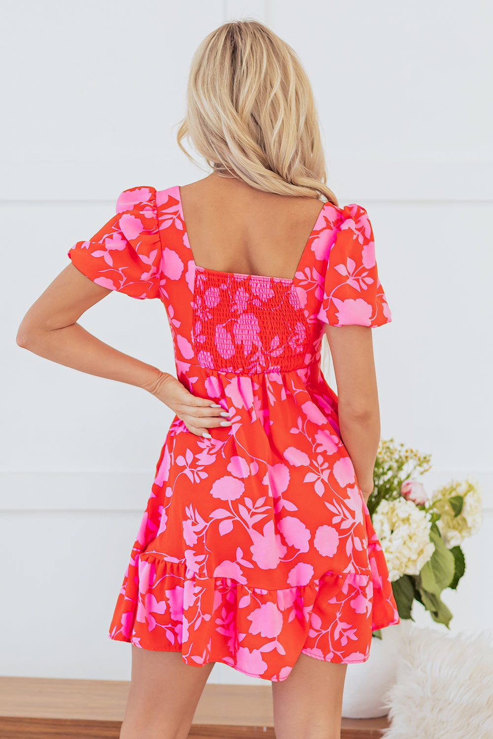 Floral Bubble Sleeve Ruffled Mini Dress