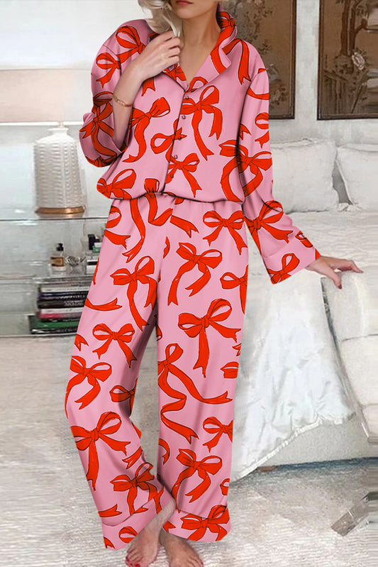 Bow Print Long Sleeve Pajama Set