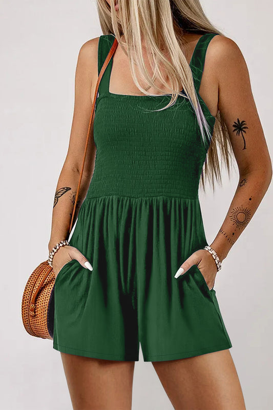 Pocketed Smocked Sleeveless Romper