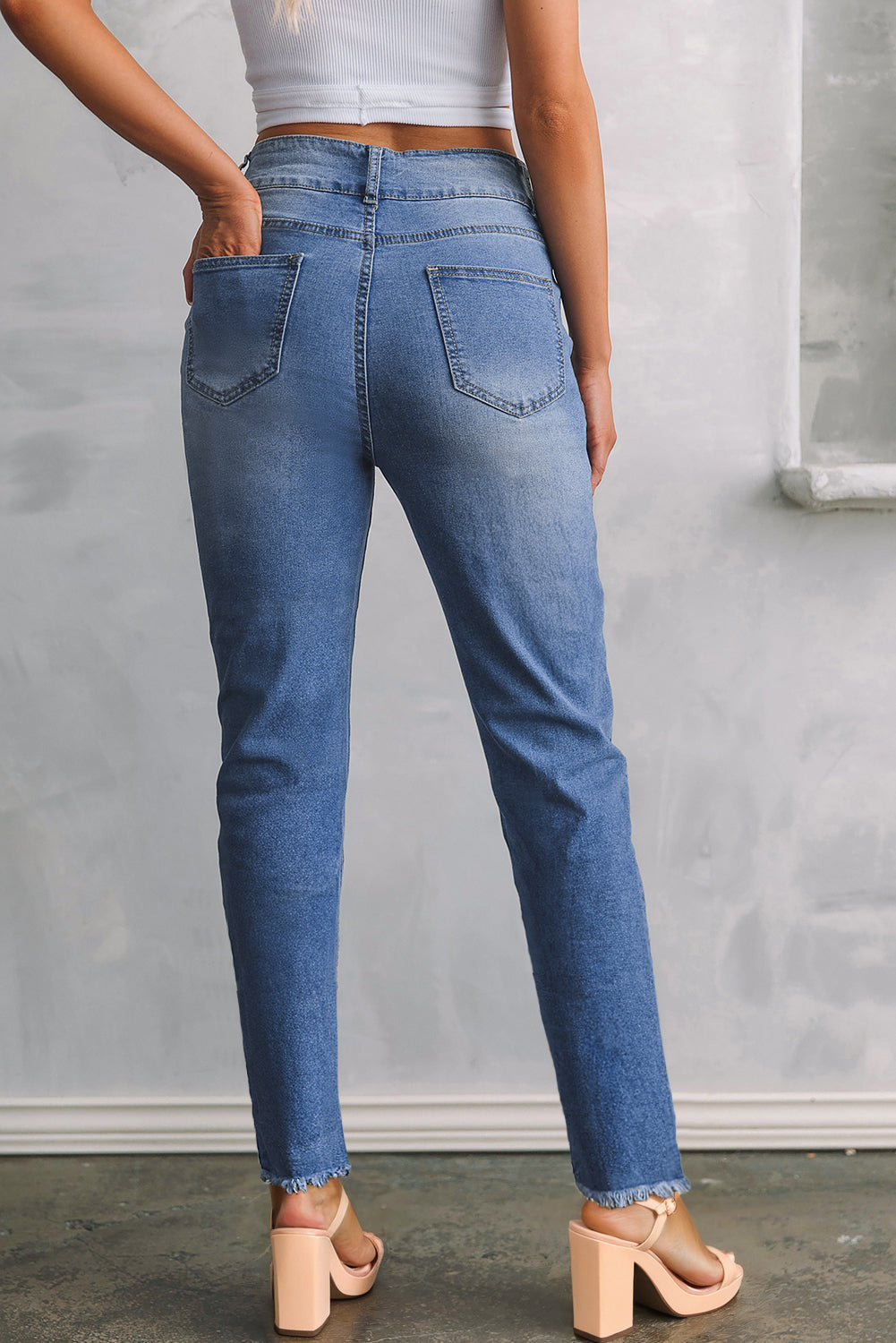 Double Button Raw Hem Slim Fit Jeans