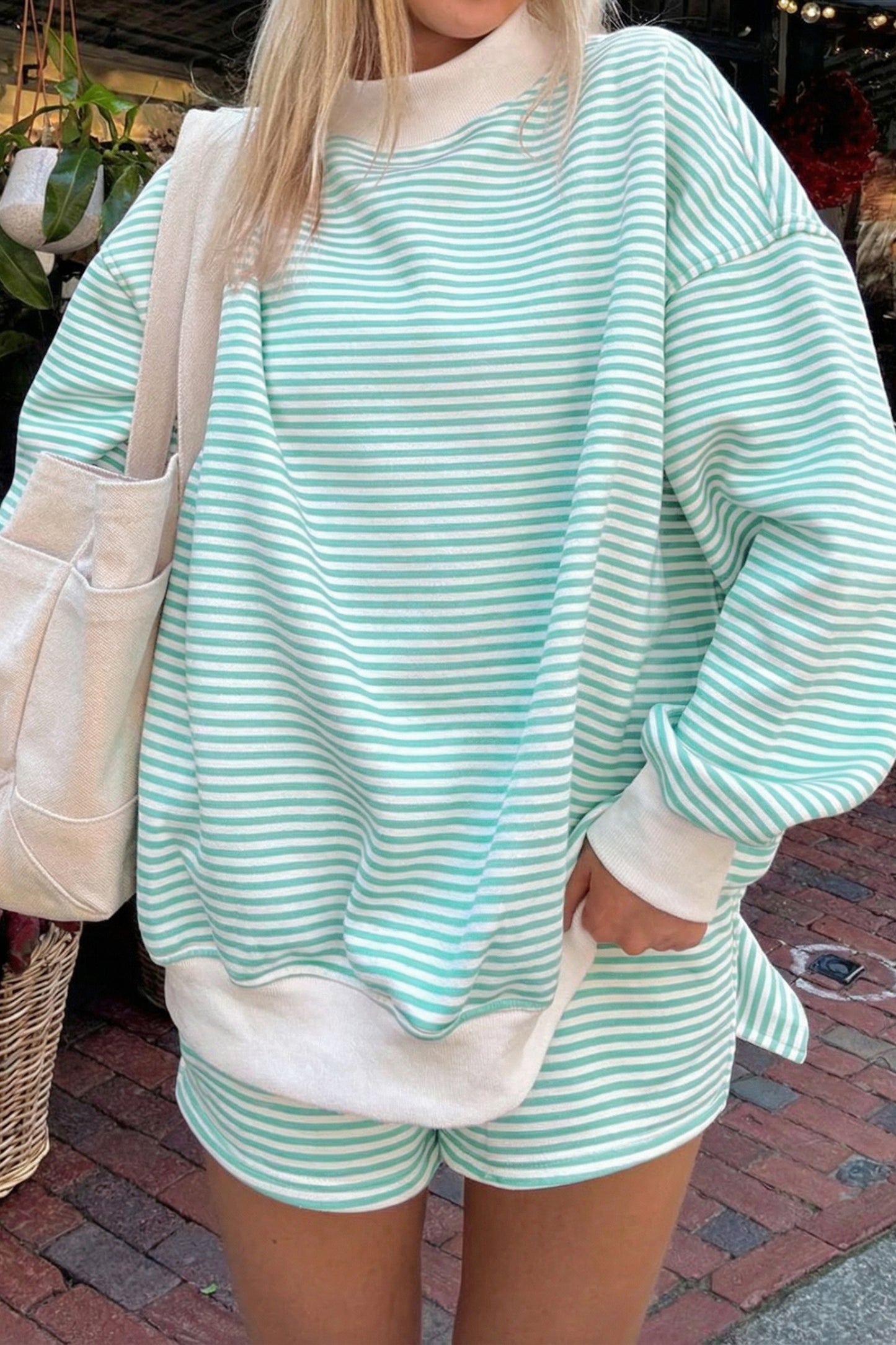 Pink Stripe Oversize Mock Neck Sweatshirt and Shorts Set