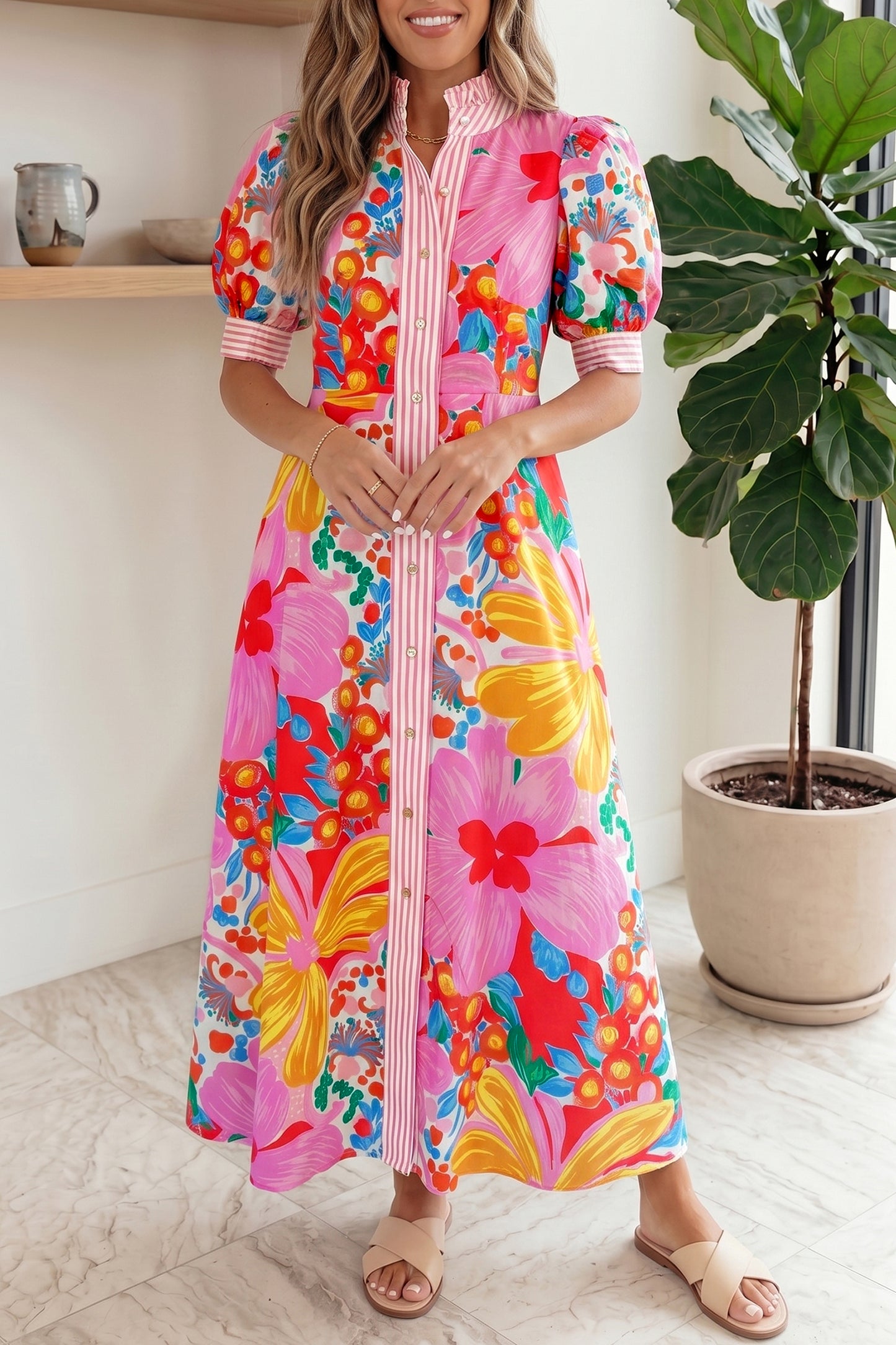 Floral Print Striped Trim Button Down Short Sleeve Vacation Dress