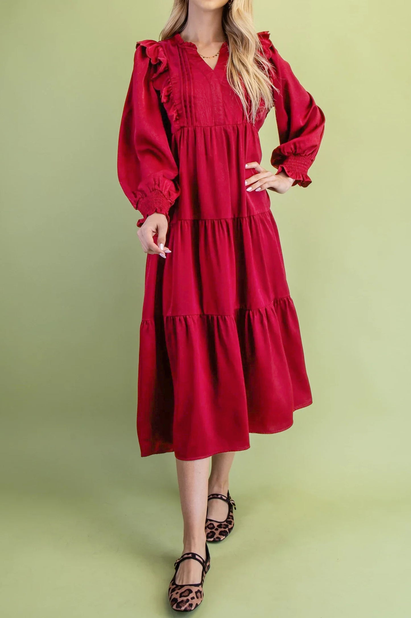 Ruffle Trim Long Sleeve Tiered Shift Midi Dress