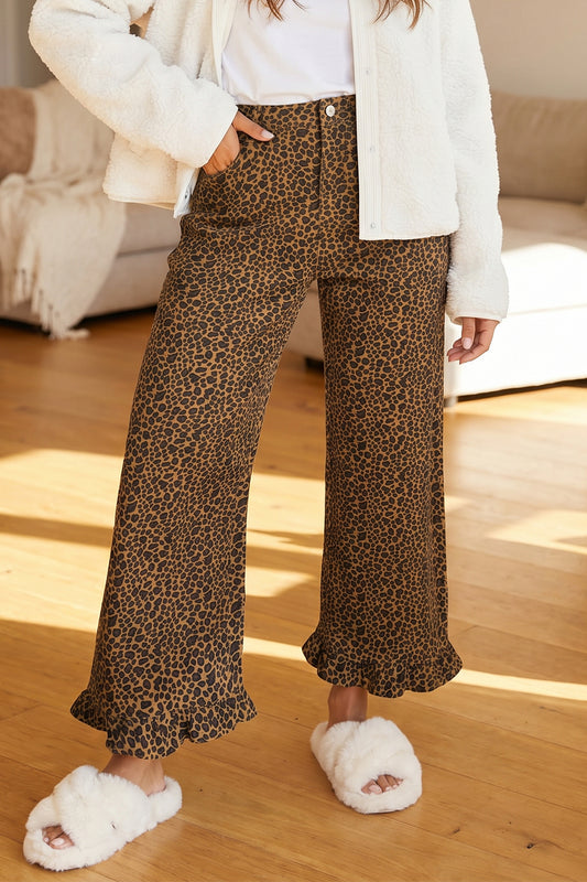 Leopard Print Ruffled Hem Shift Jeans