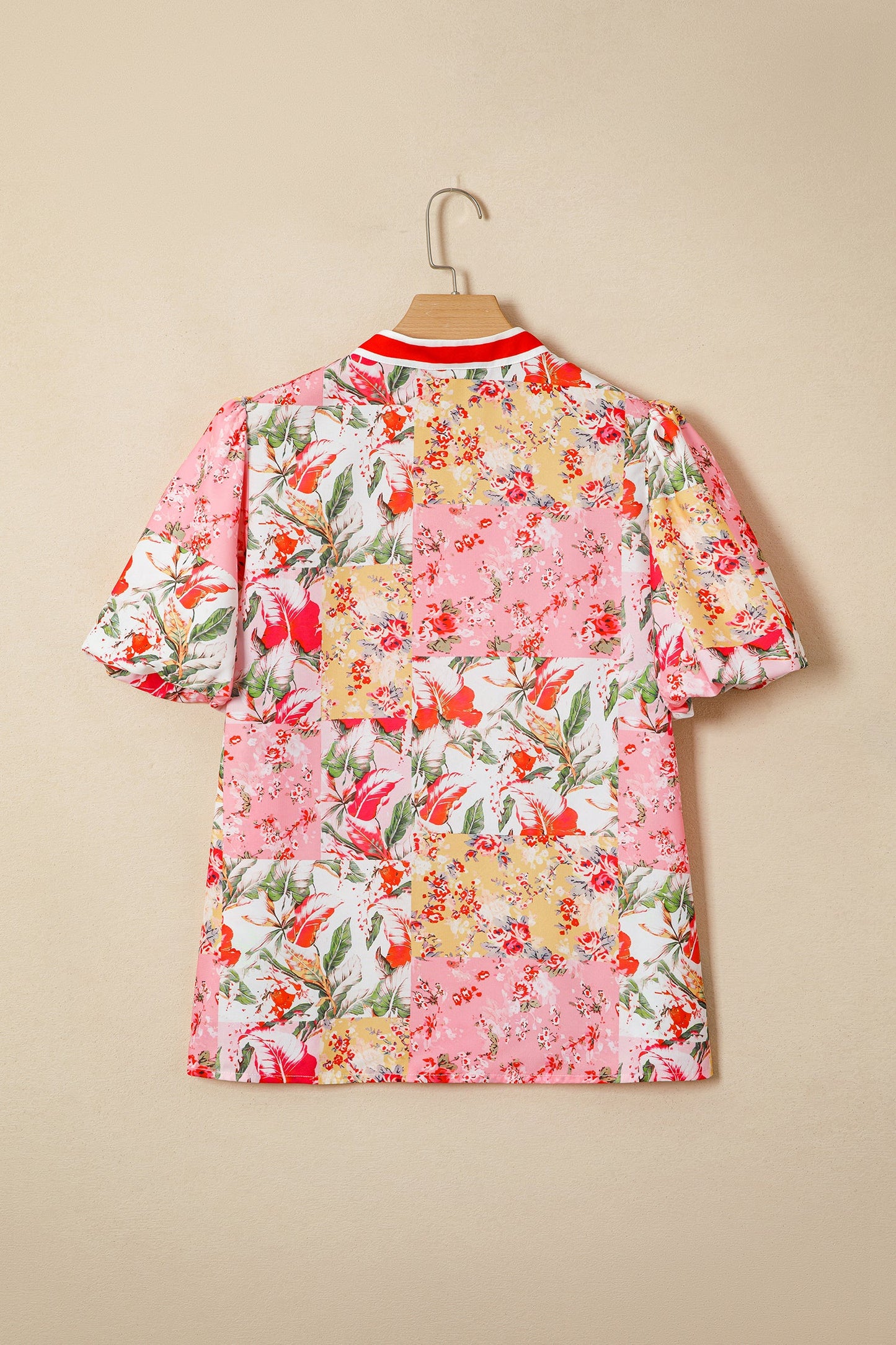 Pink Contrast Collared V Neck Floral Blouse