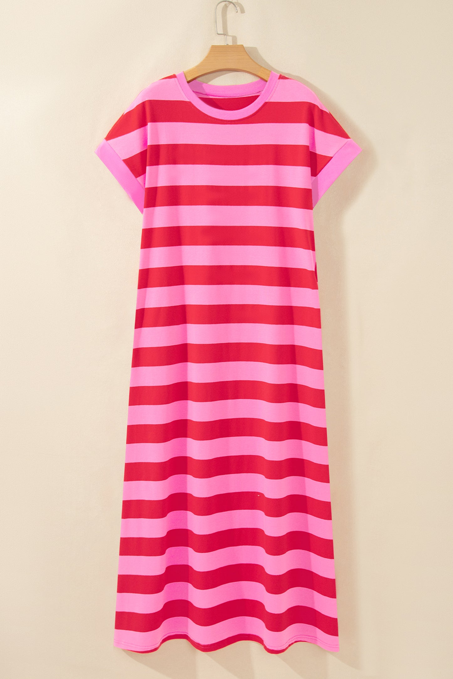 Stripe Cuffed Short Sleeve Pocketed Casual T Shirt Long Dress