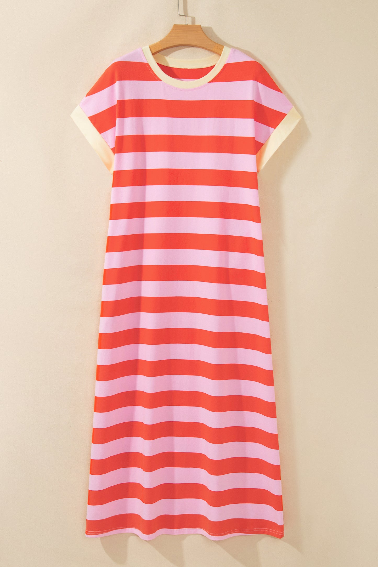 Stripe Cuffed Short Sleeve Pocketed Casual T Shirt Long Dress