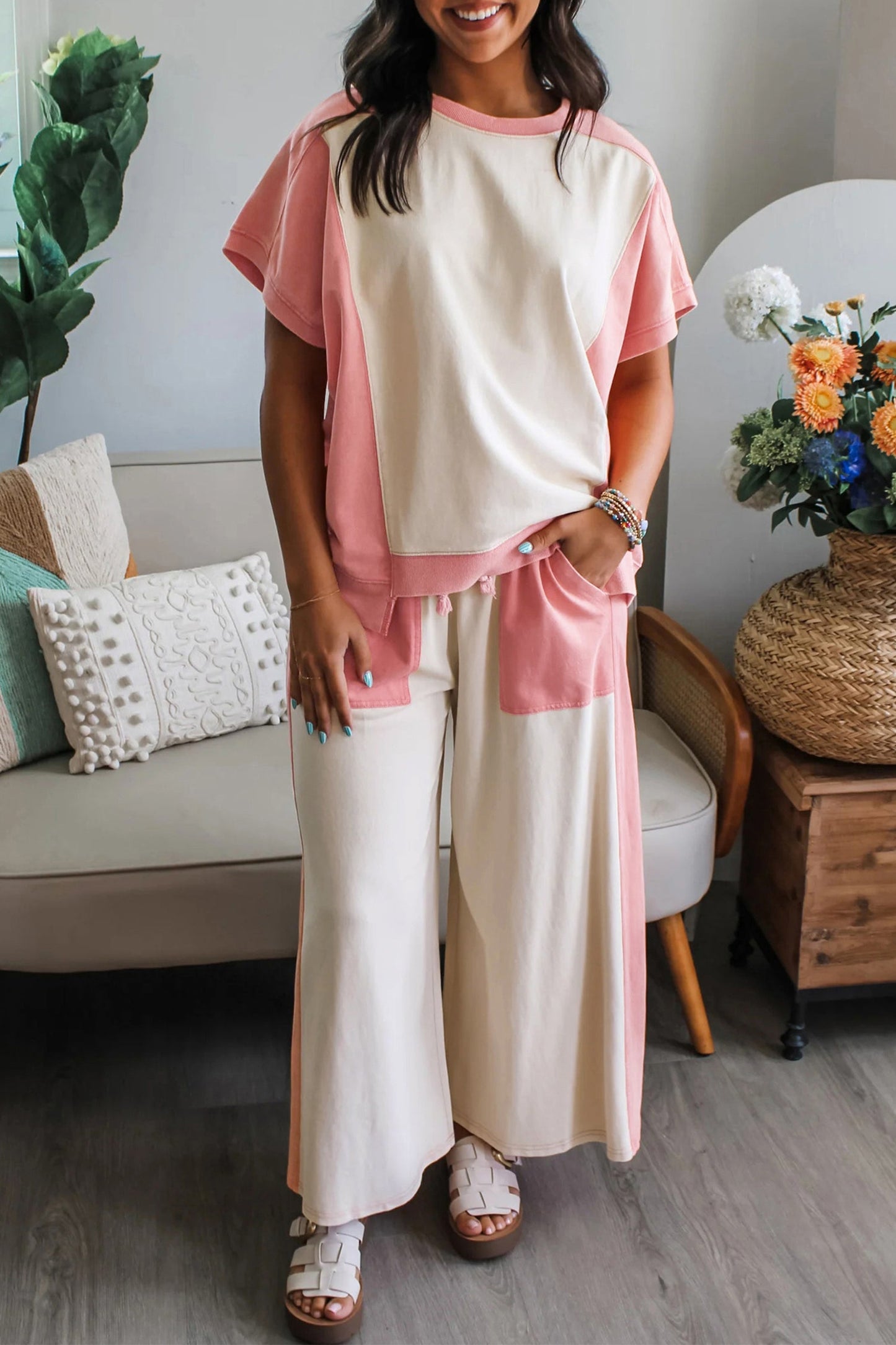 Two-tone Color Block Patchwork Pant Set