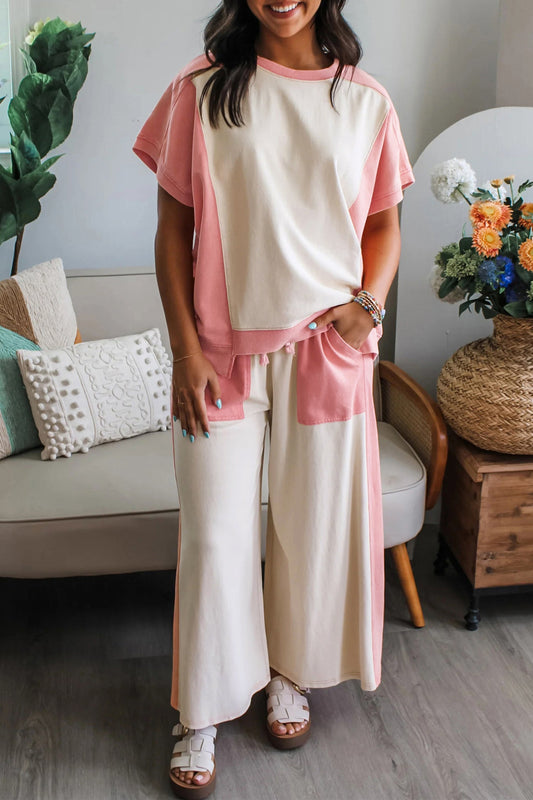 Two-tone Color Block Patchwork Pant Set