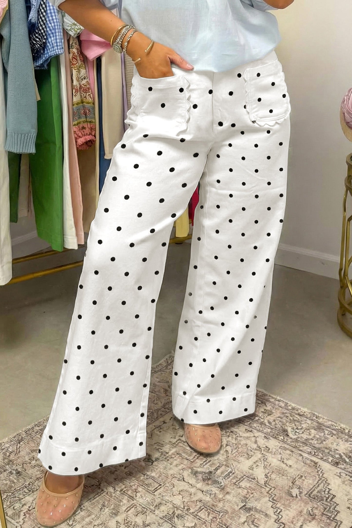 White Polka Dot Print Scalloped Patch Pocket Cotton Shift Pants
