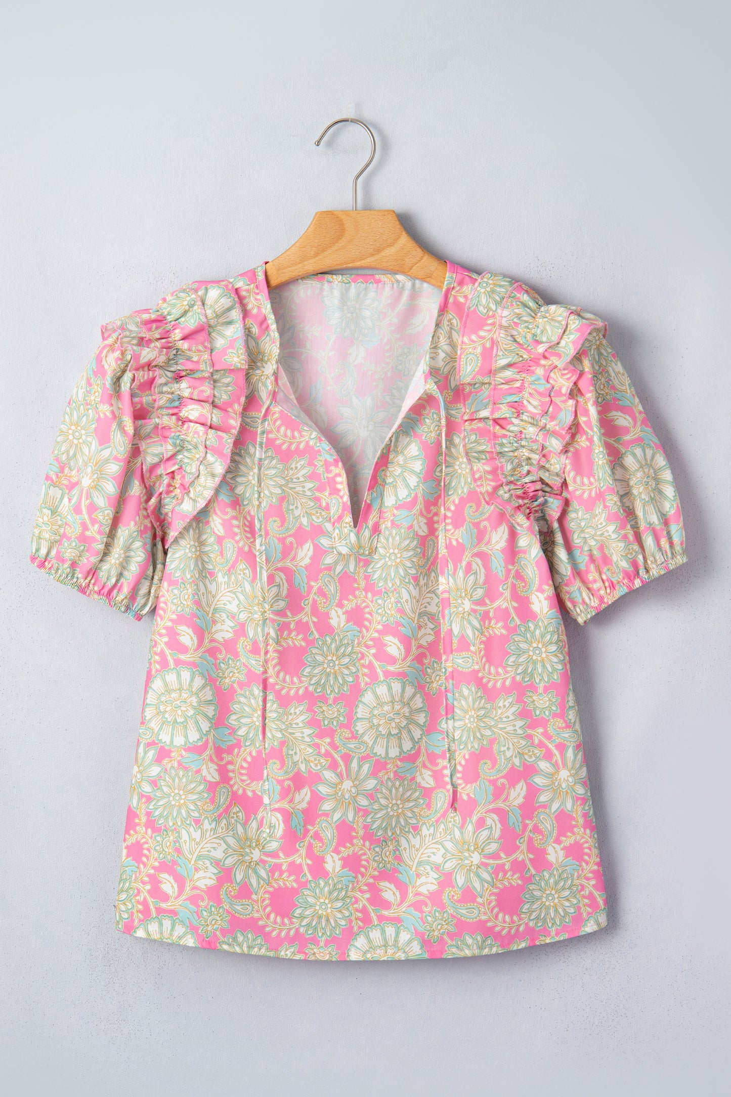 Tie V Neck Floral Short Puff Sleeve Blouse