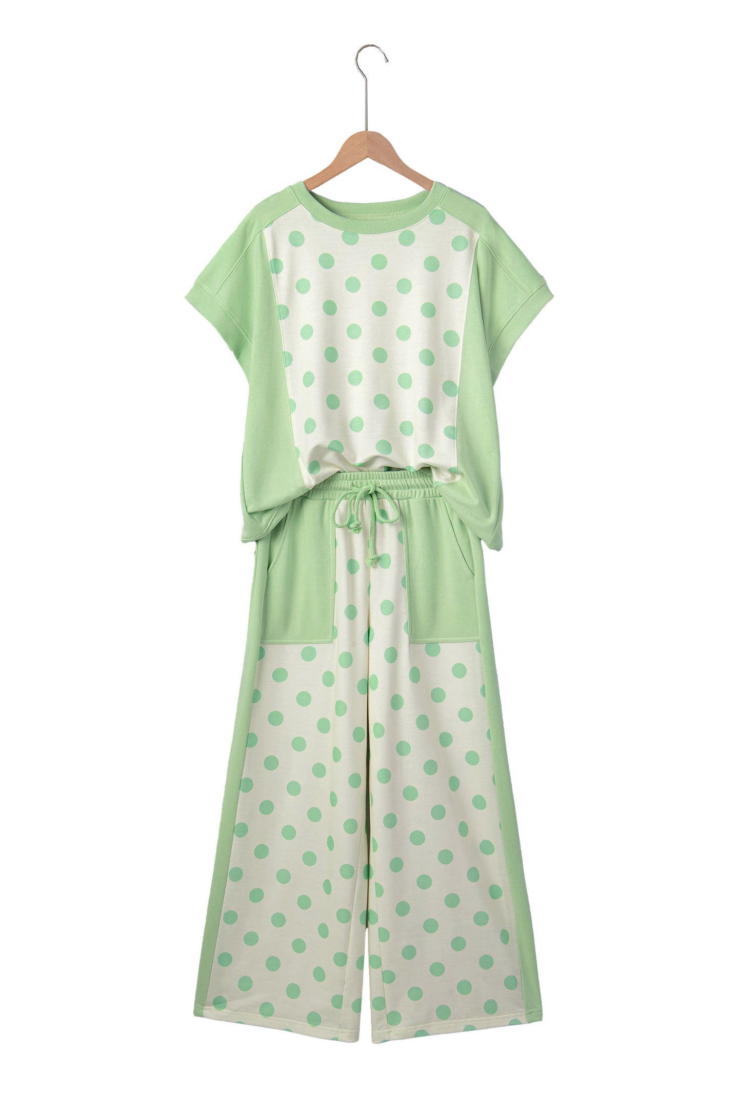 Color Block Patchwork Polka Dot Wide Leg Pant Set