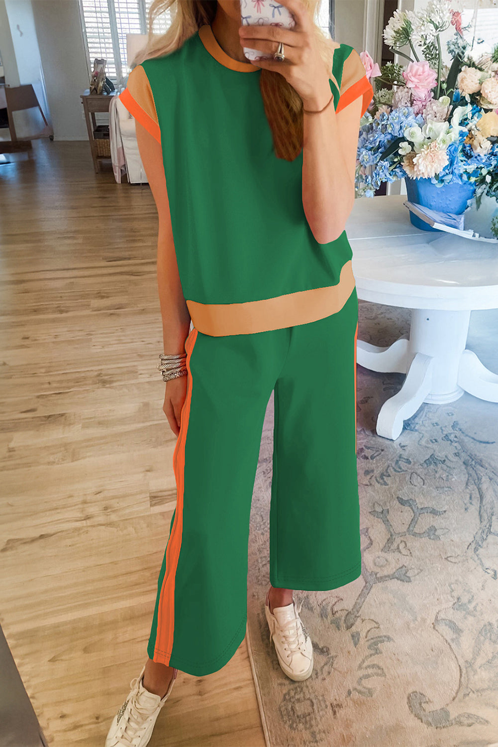 Sky Blue Color Block Detail Casual Two-piece Outfit