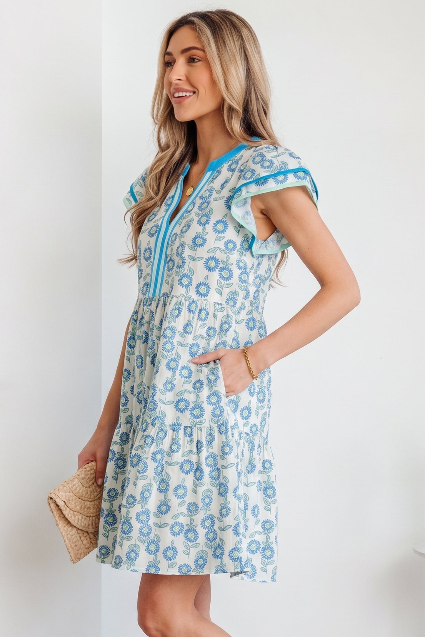 Floral Print Contrast Trim Flutter Sleeve Mini Dress