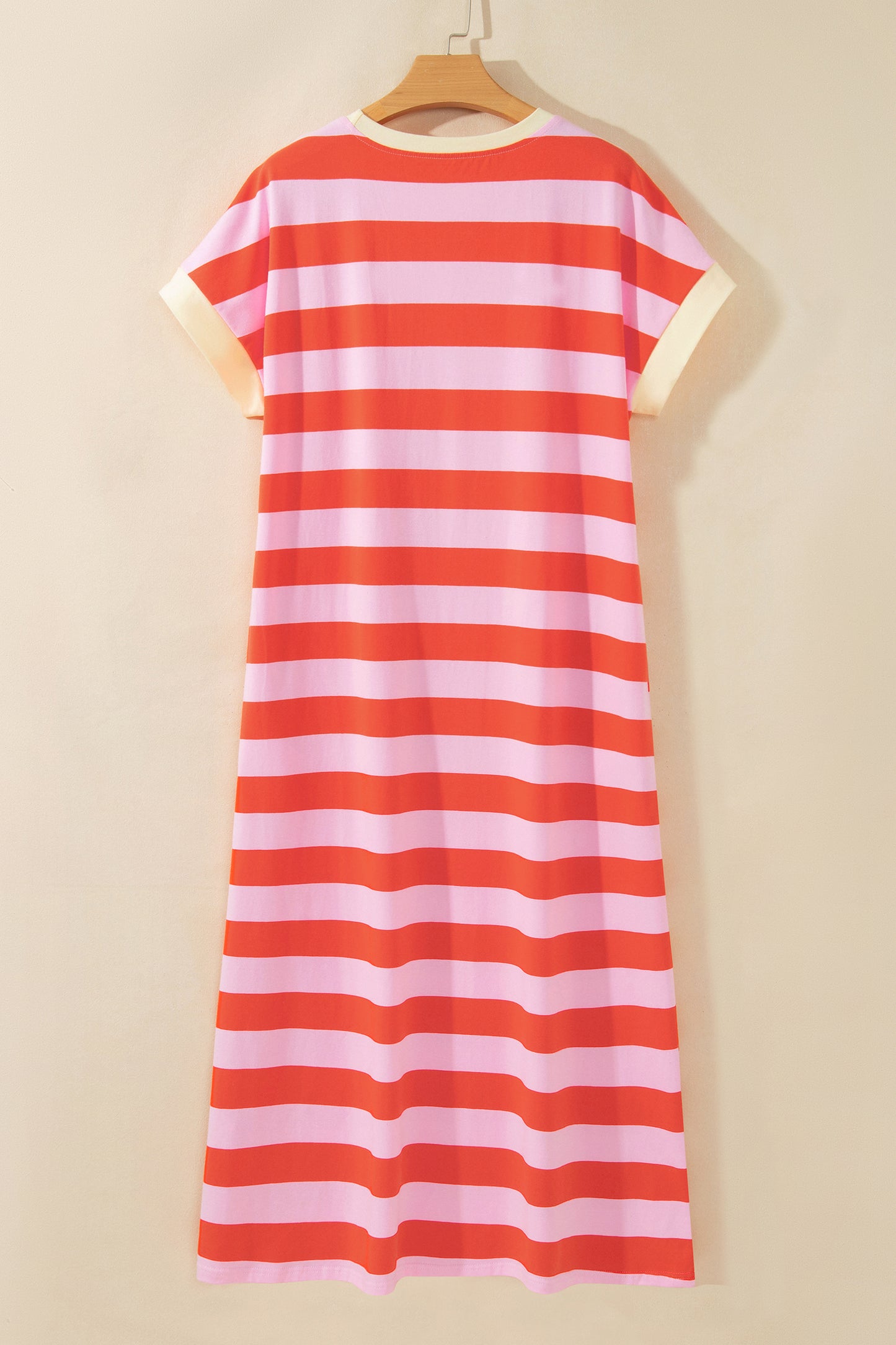 Stripe Cuffed Short Sleeve Pocketed Casual T Shirt Long Dress