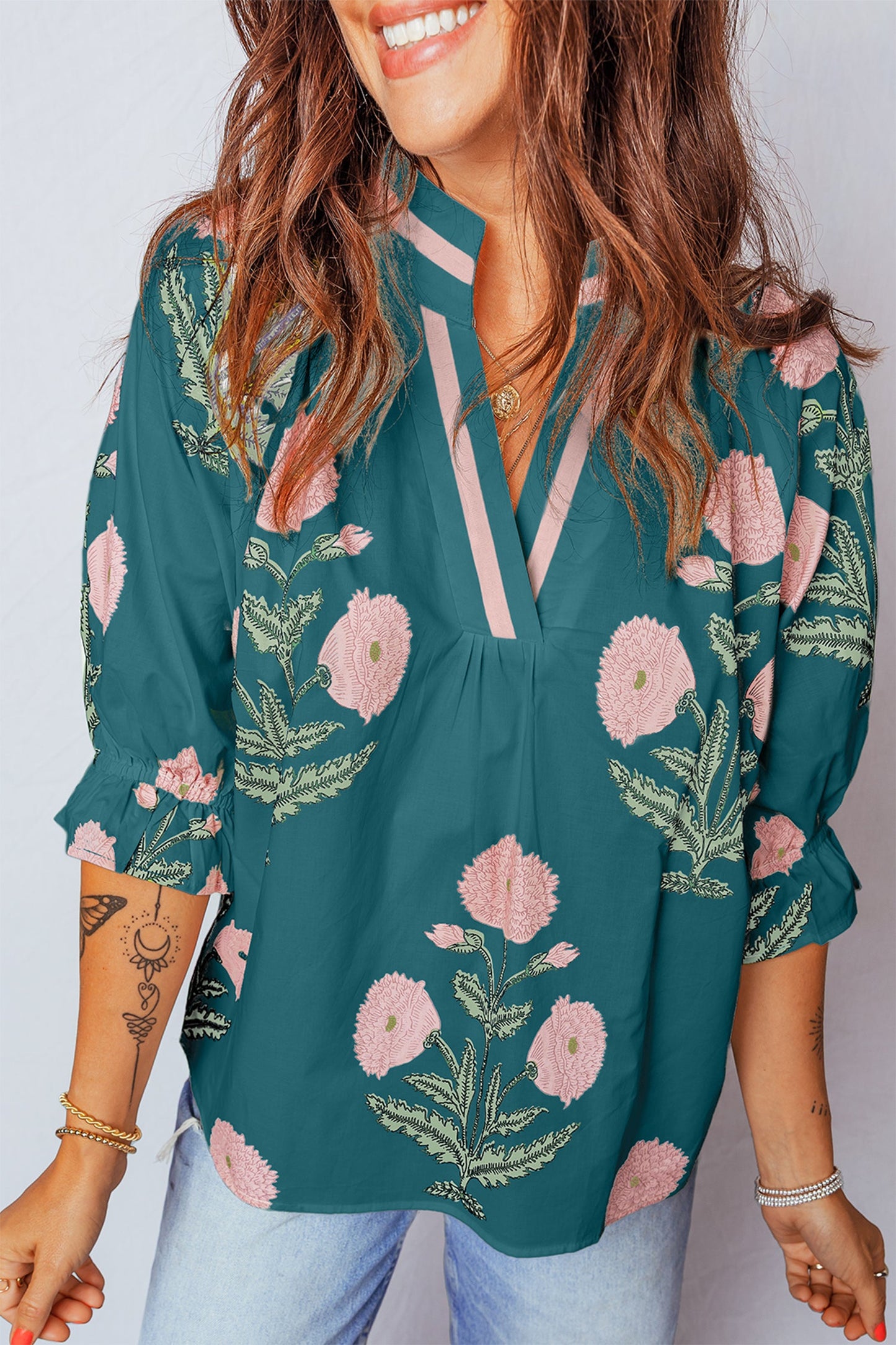 Wild Flower Print V Neck Blouse