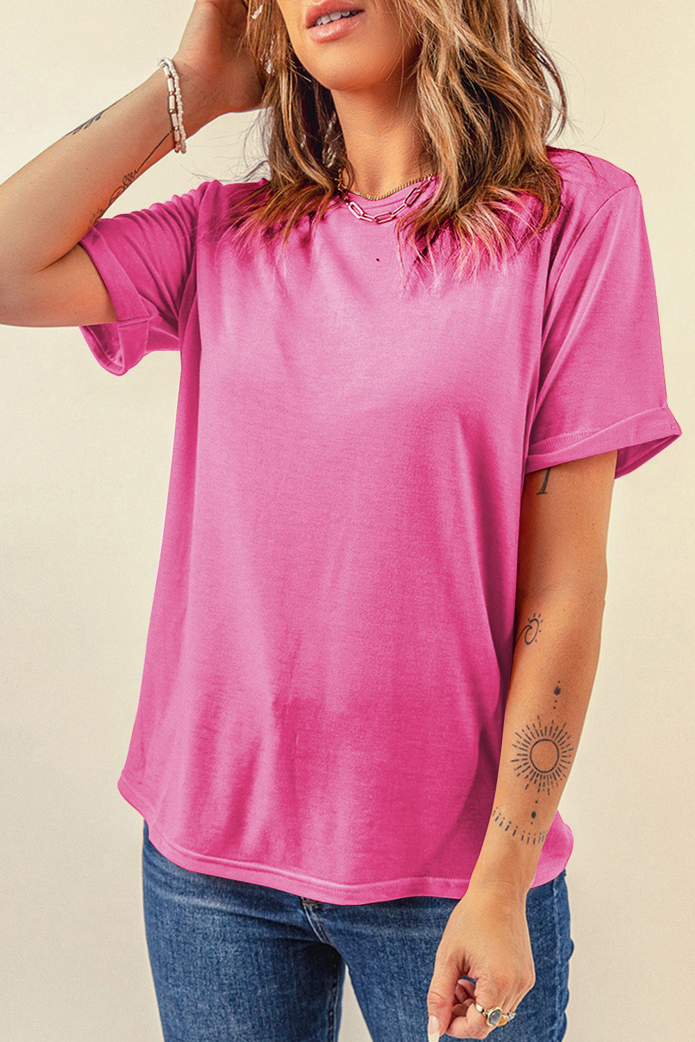 Dearlove Red Casual Plain Crew Neck Tee