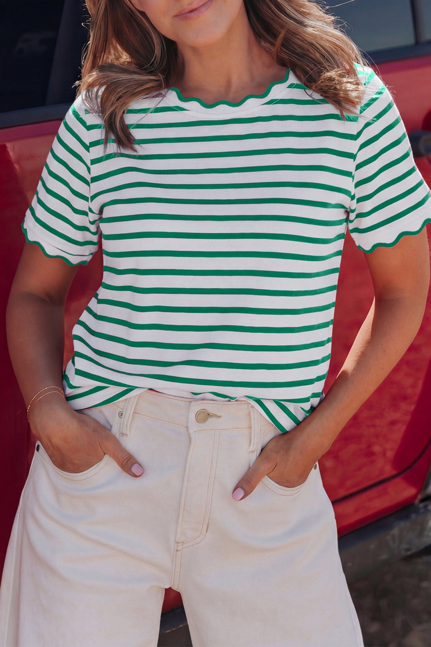 Pink Stripe Scalloped Trim Round Neck T Shirt
