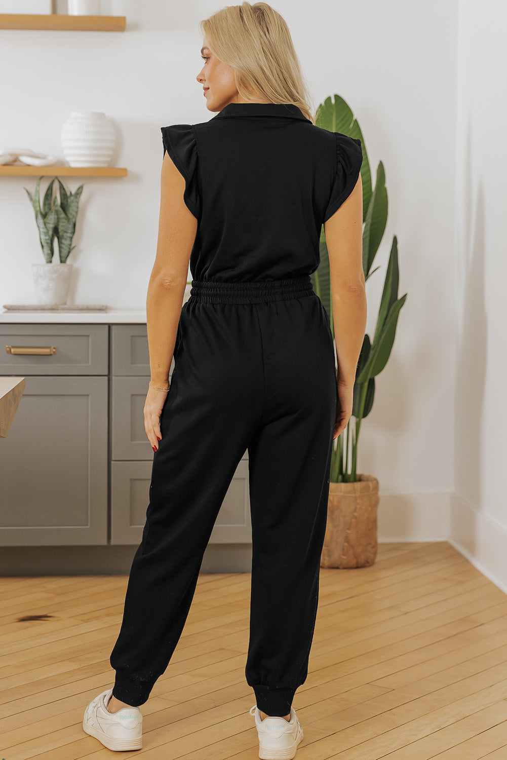 Black Zipper Flutter Sleeve Elastic Waistband Jumpsuit
