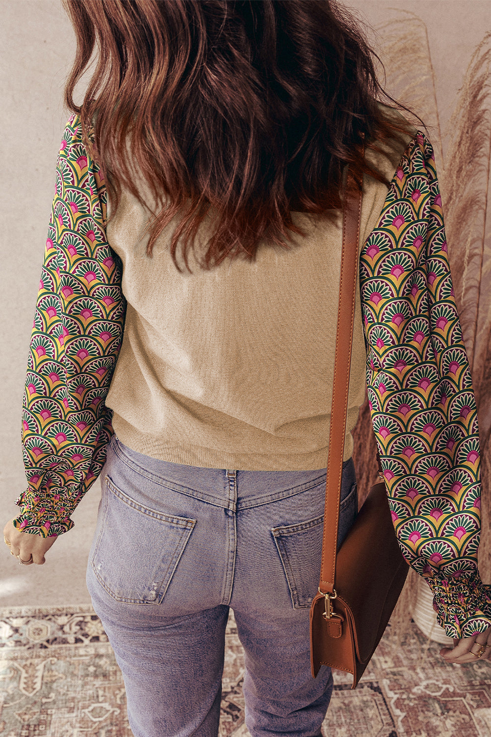 Blackish Green Floral Patchwork Shirred Cuff Puff Sleeve Sweater