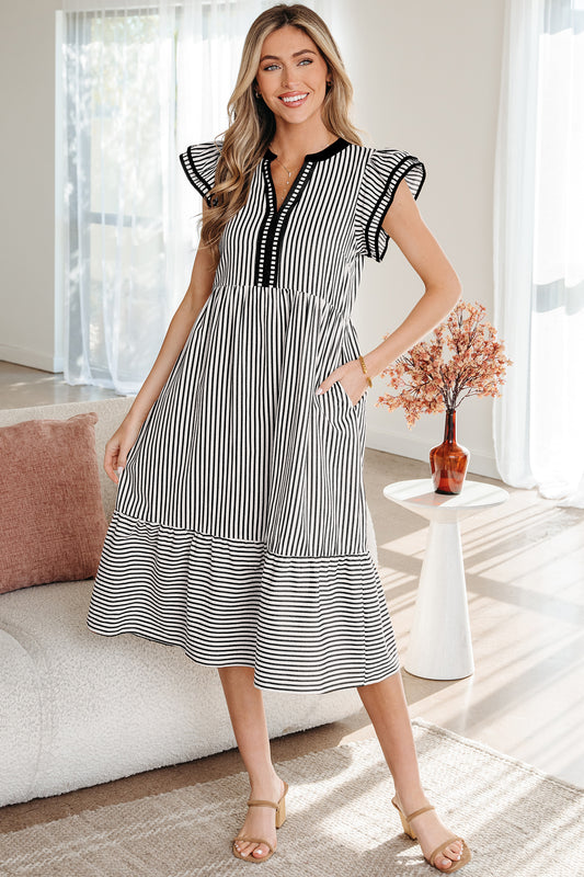Stripe Double Ruffled Short Sleeve Contrast Trim V Neck Midi Dress