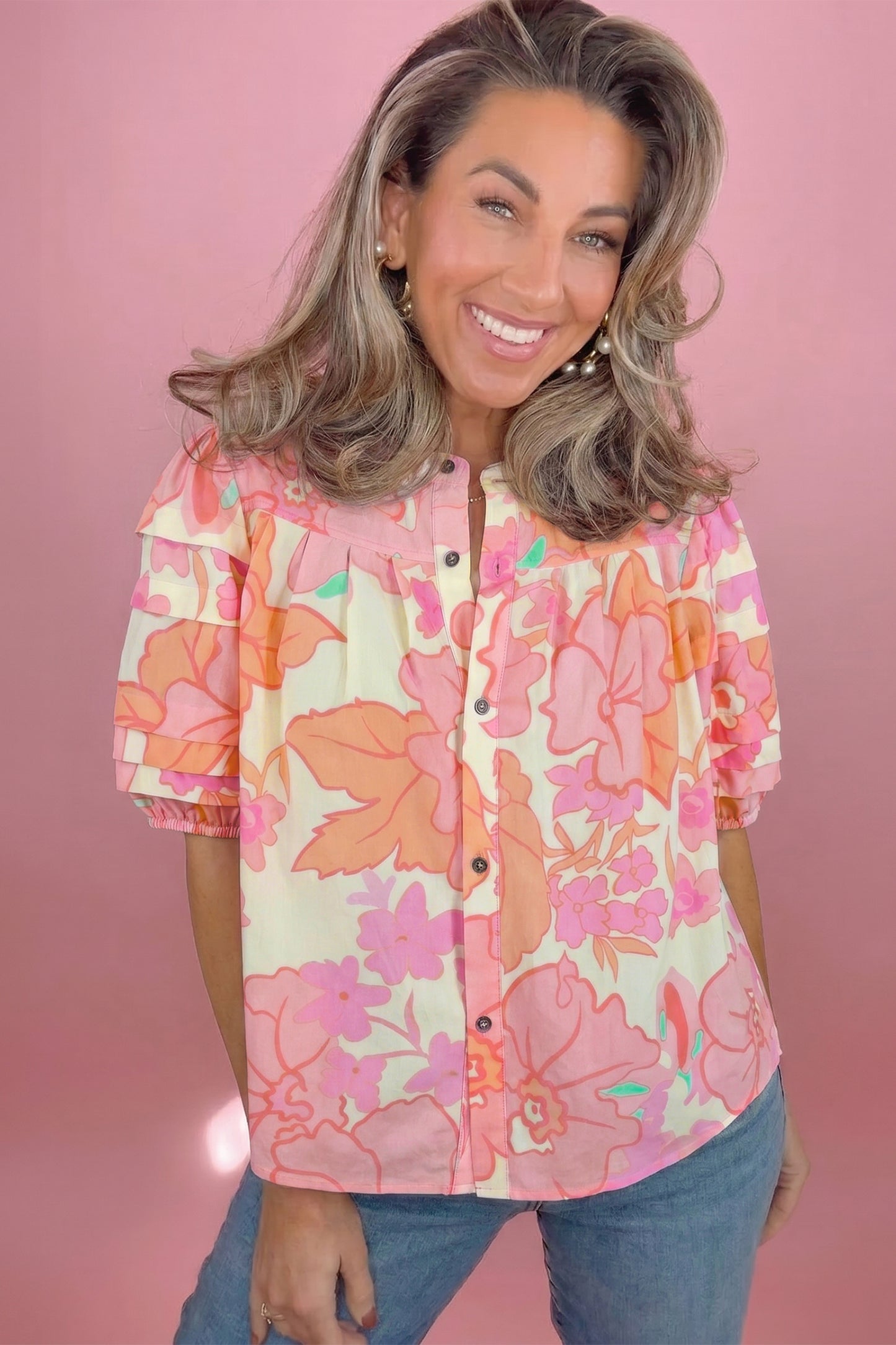 Floral Print Button Down Pintuck Short Sleeve Shirt