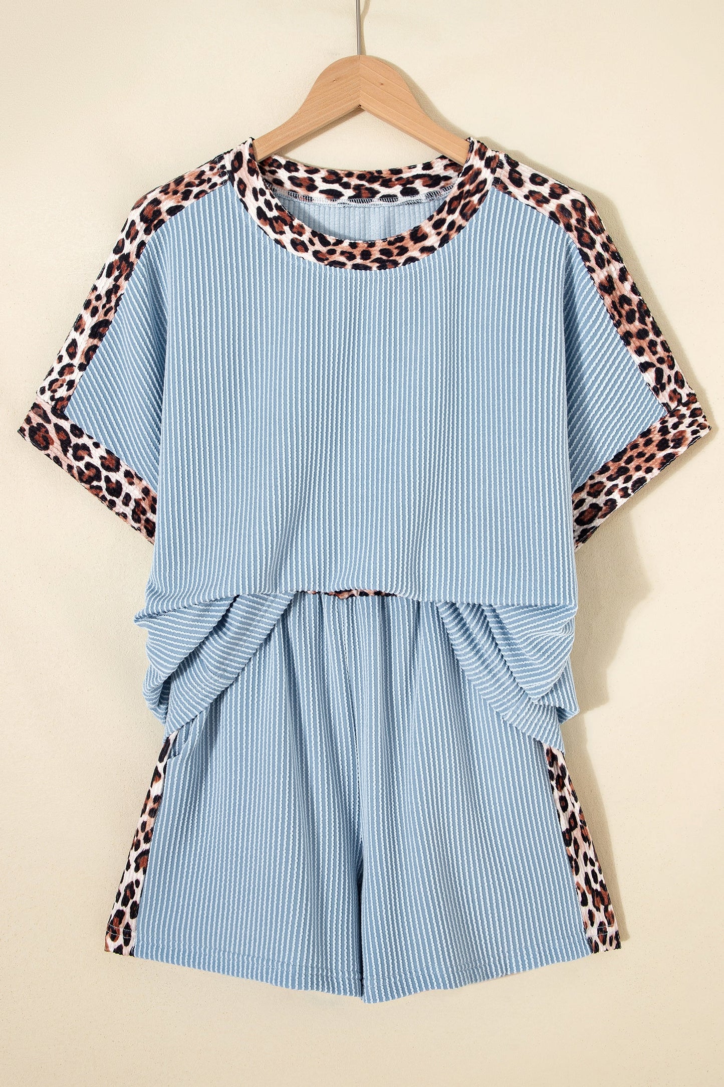 Sky Blue Leopard Trim Ribbed Short Set