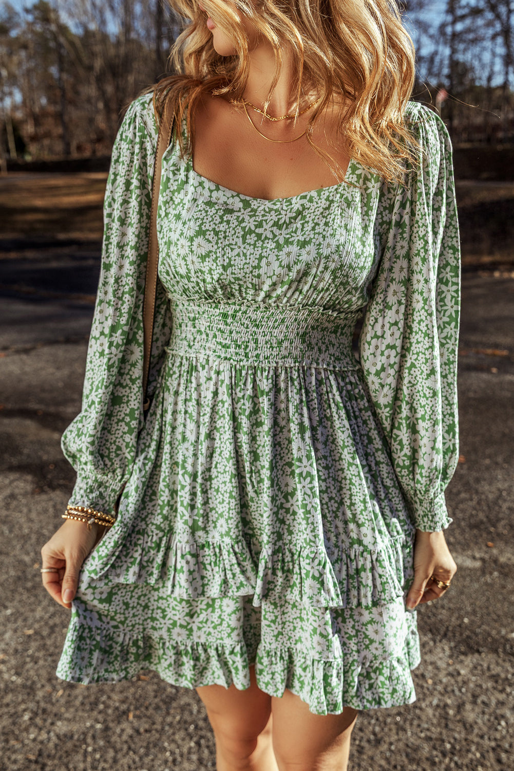 Floral Print Shirred Waist Ruffled Mini Dress