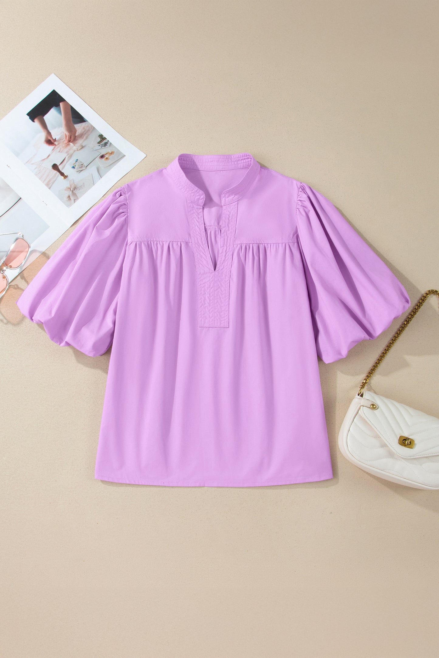 Stitched Detail V Neck Puffy Half Sleeve Blouse
