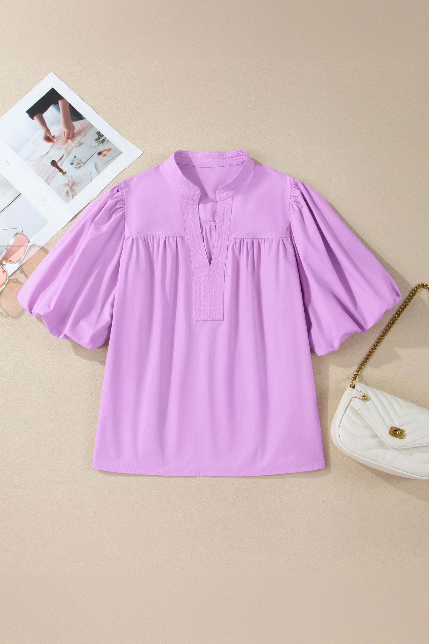 Stitched Detail Puffy Half Sleeve Blouse
