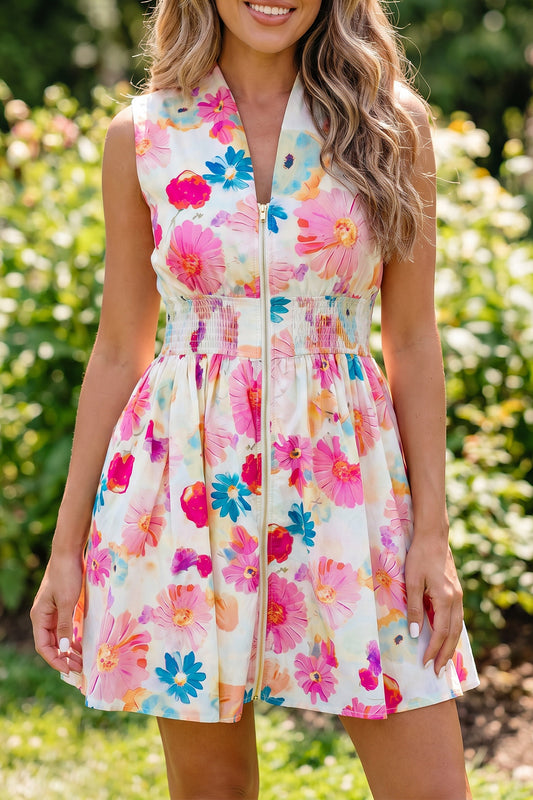 Floral Print V Neck Zip Up Smocked Waist Flared Mini Dress