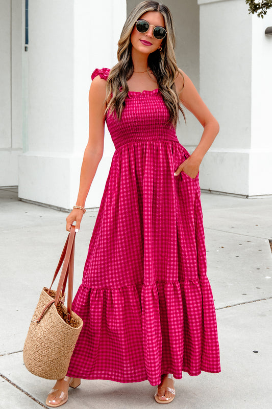 Red Plaid Square Neck Fit-and-flared Vacation Sundress