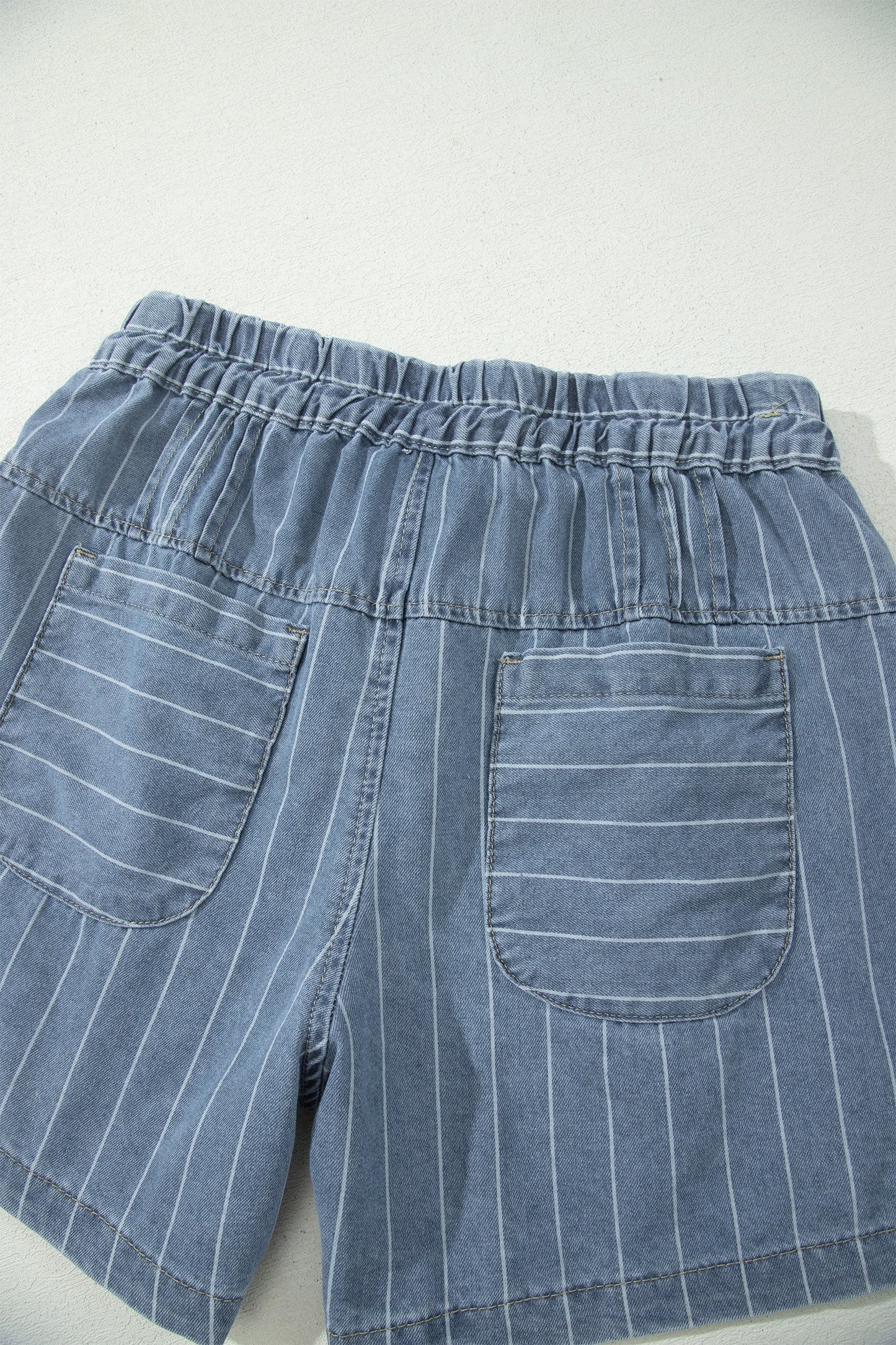 Sky Blue Stripe Drawstring Button Pleated High Waist Denim Shorts