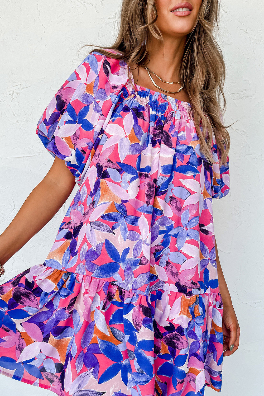 Flower Print Puff Sleeve Ruffled Dress